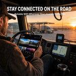 Truck driver streaming on a tablet with a TopMiFi 4G LTE hotspot for
reliable WViFi on the road at sunset